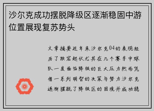 沙尔克成功摆脱降级区逐渐稳固中游位置展现复苏势头
