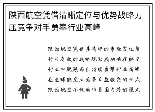 陕西航空凭借清晰定位与优势战略力压竞争对手勇攀行业高峰