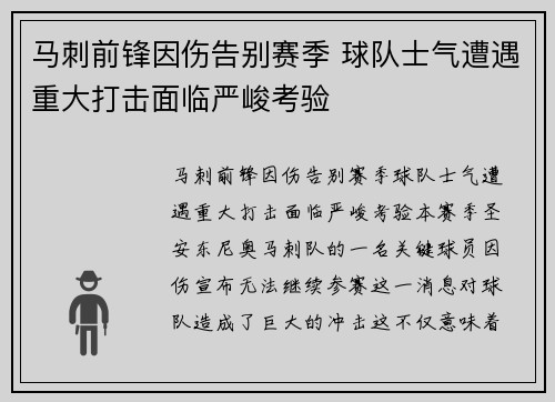 马刺前锋因伤告别赛季 球队士气遭遇重大打击面临严峻考验