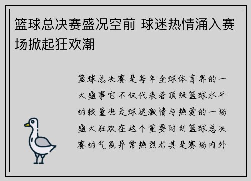 篮球总决赛盛况空前 球迷热情涌入赛场掀起狂欢潮