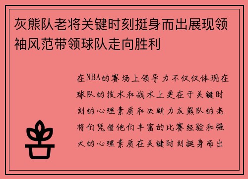 灰熊队老将关键时刻挺身而出展现领袖风范带领球队走向胜利
