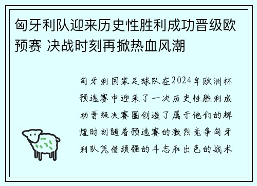 匈牙利队迎来历史性胜利成功晋级欧预赛 决战时刻再掀热血风潮