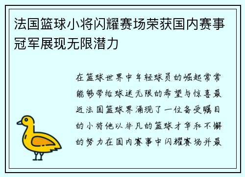 法国篮球小将闪耀赛场荣获国内赛事冠军展现无限潜力