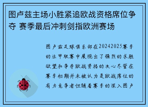 图卢兹主场小胜紧追欧战资格席位争夺 赛季最后冲刺剑指欧洲赛场