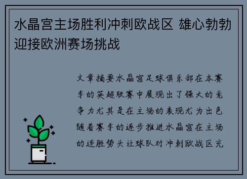 水晶宫主场胜利冲刺欧战区 雄心勃勃迎接欧洲赛场挑战