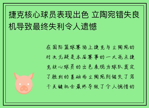 捷克核心球员表现出色 立陶宛错失良机导致最终失利令人遗憾