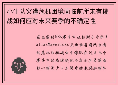 小牛队突遭危机困境面临前所未有挑战如何应对未来赛季的不确定性