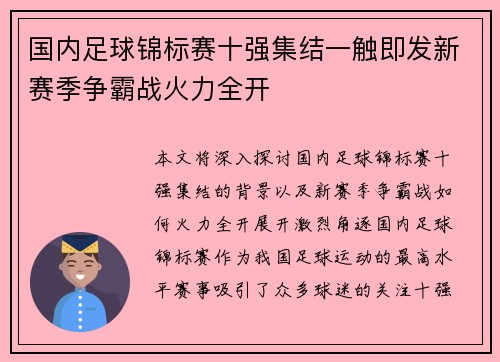 国内足球锦标赛十强集结一触即发新赛季争霸战火力全开