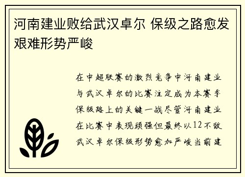 河南建业败给武汉卓尔 保级之路愈发艰难形势严峻