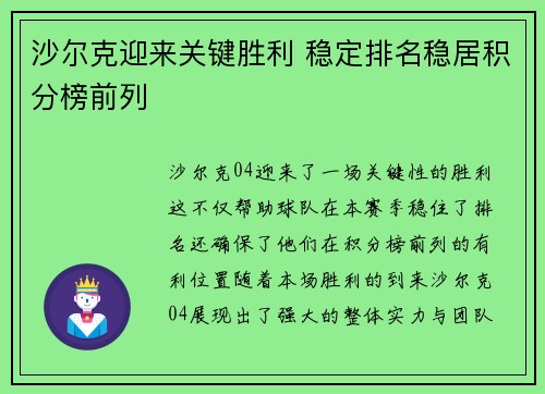 沙尔克迎来关键胜利 稳定排名稳居积分榜前列