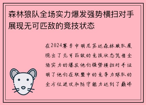 森林狼队全场实力爆发强势横扫对手展现无可匹敌的竞技状态